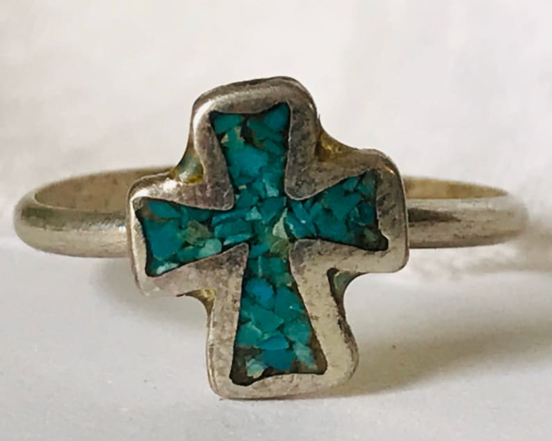 Vintage Inlaid Turqouise Chips Silvertone Cross Ring Vintage Pinky Ring Sizes 4