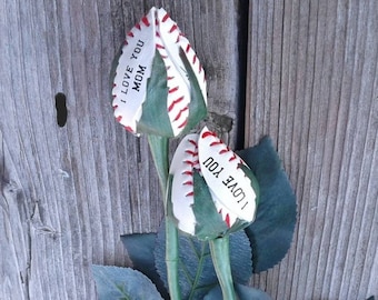 Real Baseball long stem Rose with or with out your custom print, Artificial Baseball Rose, Customized gift