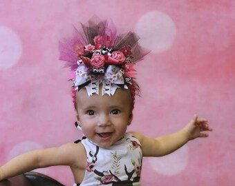 Floral Bow, Flower Birthday bow, Pink and White bow, Burst hair bow, Deer flower bow, Over the top bow, Stacked Bow, Pink flower Bow