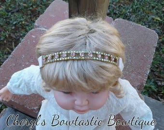 Gold Rhinestone adjustable headband, Wedding hair Jewelry, Rhinestone head piece, Pink and Gold, Flower girl, Prom Homecoming