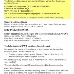 May include: A text-based document outlining shipping, return, and exchange policies for online orders. The document includes information about processing times, estimated shipping times, customs and import taxes, and return conditions.