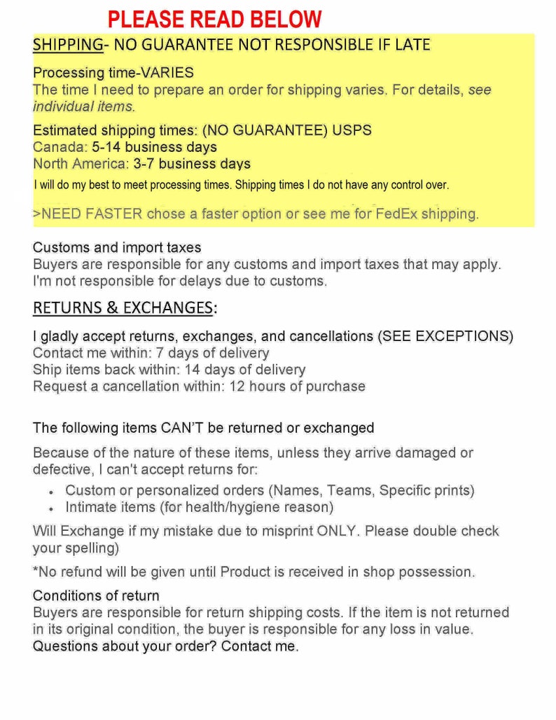 May include: A text-based document outlining shipping, return, and exchange policies for online orders. The document includes information about processing times, estimated shipping times, customs and import taxes, and return conditions.