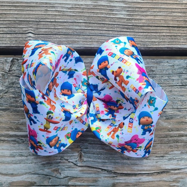 Pocoyo hair bow, Pocoyo Birthday, Extra large bow, JoJo bow, Farm animal bow, Yellow duck, Loula dog, Sleepy bird,