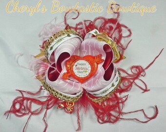 Valentines day bow, Heart and arrow bow, Pink and Gold bow, Happy Valentine's day, Red, Stacked bow, Boutique Hairbow, Ready to ship