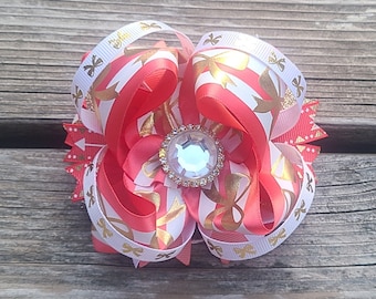 Coral and Gold Stacked bow, Coral hair now, Gold boutique bow, Double Stacked bow, Bling hair bow,