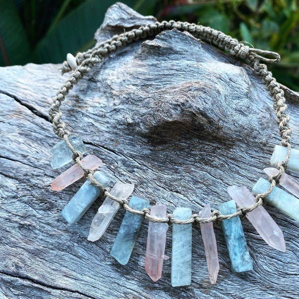 Handmade Hemp Macrame Necklace with Aquamarine and Peach Quartz Crystal Semi Precious Stone Beads