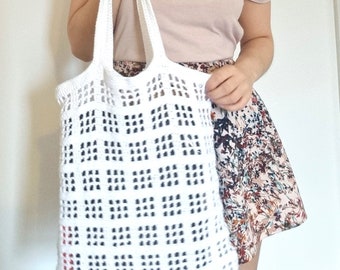 White cotton crochet market bag, net / mesh book tote bag