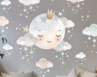 Smiling Moon and Clouds Nursery Wall Decal: Removable Fabric Sticker for Kids Rooms