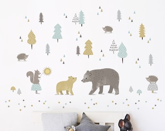 Bears in the Forest ~ Fabric Wall Decals in Mustard and Mint