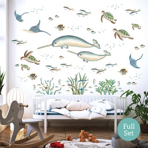 Narwhal, Turtles and Fish Ocean Scene ~ Fabric Wall Stickers