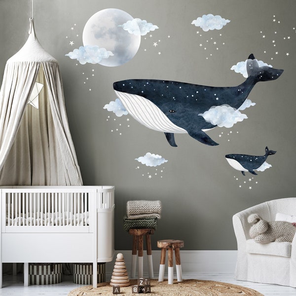 Autocollant mural en tissu de baleine avec lune et nuages