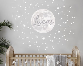 Personalised Moon and Stars Fabric Wall Stickers ~ custom name decal for baby and child