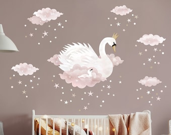 Mama and Baby Swan with Clouds Fabric Wall Decals