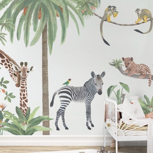 Watercolor Jungle Safari Animals Tree Peel and Stick Wallpaper Self  Adhesive Nursery Décor Fabric Tropical Decal - Custom Sizes Mural #3225