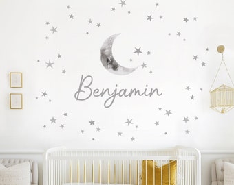 Benutzerdefinierter Name mit Halbmond und Sternen Wandaufkleber ~ Personalisiertes Wandtattoo für Baby Kinderzimmer und Kinderzimmer