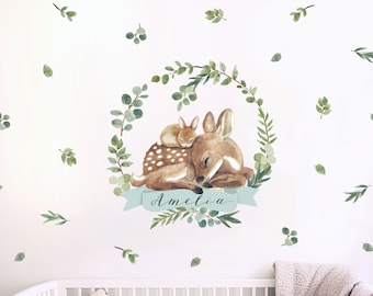 Personalised Sleeping Fawn and Rabbit Wall Sticker ~ custom name fabric decal for baby and child