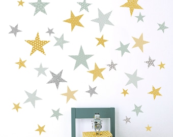 Senf & mint gemusterte Sterne ~ Stoff Wandsticker für Kinder und Babys
