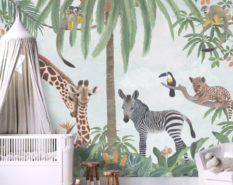 Safari Animals Wallpaper ~ jungle scene mural for baby nursery and kid's rooms