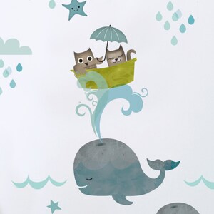 May include: A set of blue whale wall decals with a cat and owl in a boat with an umbrella. The decals are on a white background with blue clouds and raindrops.