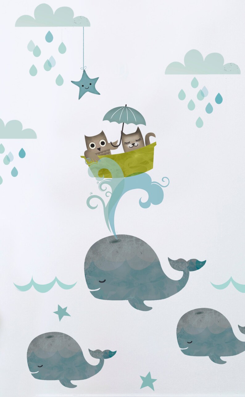 May include: A set of blue whale wall decals with a cat and owl in a boat with an umbrella. The decals are on a white background with blue clouds and raindrops.