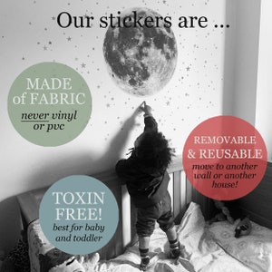 Puede incluir: Un ni&ntilde;o alcanza para tocar un gran adhesivo de pared de luna y estrellas. El adhesivo est&aacute; hecho de tela y es extra&iacute;ble y reutilizable. El texto "Our stickers are... Made of Fabric never vinyl or pvc Toxin Free! best for baby and toddler Removable & Reusable move to another wall or another house!" es visible en la imagen.