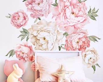 Watercolour Peony Wall Decals ~ Peel and Stick Fabric Wall Stickers