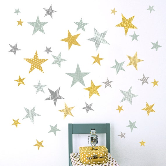 Estrellas estampadas de mostaza y menta Pegatinas de pared de tela para  niños y bebés -  España