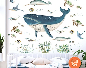 Whale, Narwhal, Turtles and Fish Ocean Scene ~ Fabric Wall Stickers