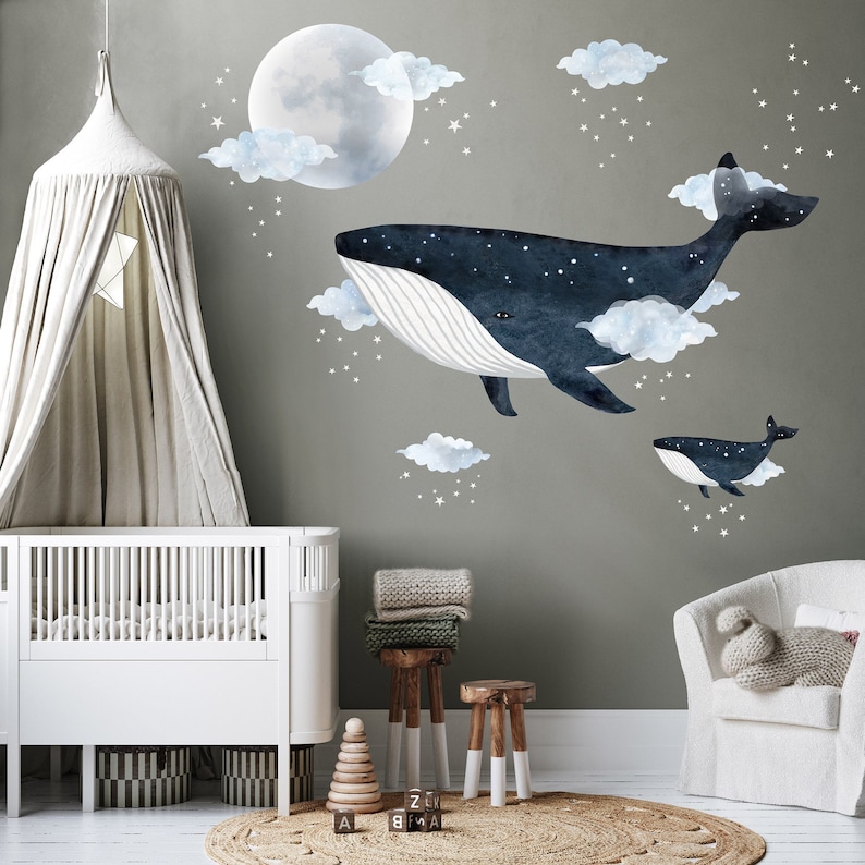 Whale with Moon and Clouds Fabric Wall Sticker zdjęcie 1
