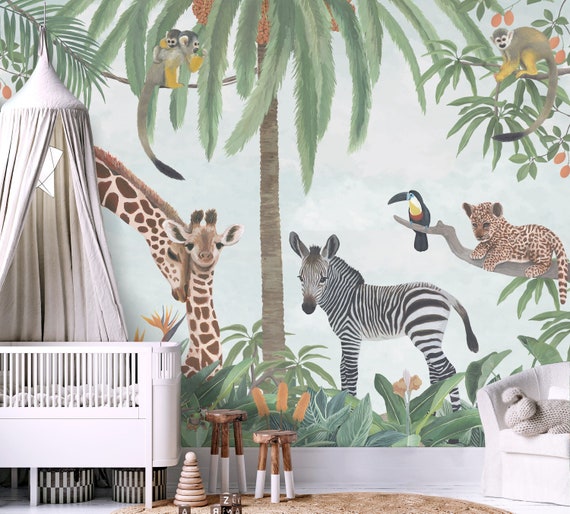 Safari Animals Wallpaper Jungle Scene Mural for Baby Nursery Etsy UK