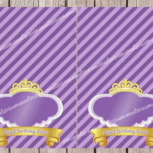 Może przedstawiać: Dwie drukowane fioletowe i złote etykiety na upominki z koroną i tekstem "Royal Birthday Feast".