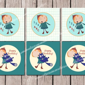 May include: Six printable favor tags featuring a cartoon girl with a blue cat. Three tags have the girl holding the cat and the text "Happy Birthday!" and three tags have the girl standing with the text "123 ABC".