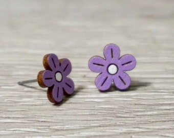 Flower Earrings | Flower Stud Earrings | Wood Flower Stud Earrings | Purple
