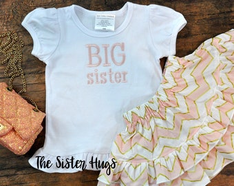 Big Sister Outfit - Pink & Gold, Rose Gold Shirt and Chevron Skirt New Sibling Gifts