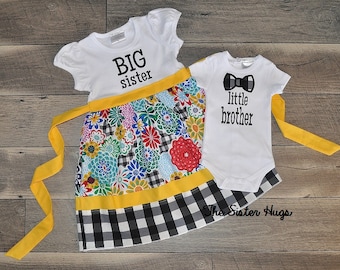 Size 4T and 0-3 months, Big Sister Dress and Little Brother with Bow Tie Set - Big Sister Shirt Dress Set - Coming Home Outfit -Baby Gift