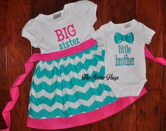 Big Sister Dress & Little Brother Bodysuit Set – Aqua, Pink Chevron New Sibling Gifts