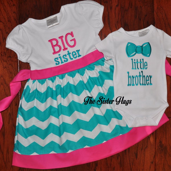 Big Sister Dress & Little Brother Bodysuit Set – Aqua, Pink Chevron New Sibling Gifts