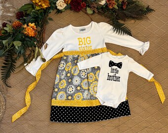 Big Sister Dress Little Brother Bodysuit Set, Coming Home Outfit New Sibling Gifts