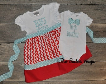 Size 2T and 0-3 months, Big Sister Dress & Little Brother Bodysuit Set – Embroidered Coming Home Outfit