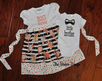 Big Sister Dress and Little Brother Bodysuit Set – Floral, Newborn Outfit New Sibling Gifts