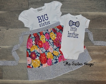 Size 4T Big Sister Dress 0-3 months Little Brother Bow Tie Outfit Set - Coming Home Outfit -Baby Gift