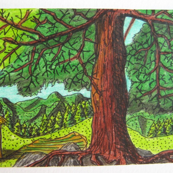 Original art aceos card, ink and pencil original drawing 'Under the tree' folklore series landscape colorful illustration , 2.5 x 3.5 inches