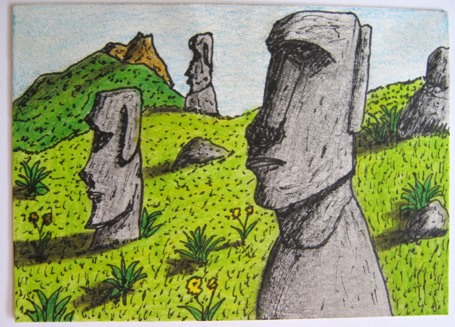 Easter Island ACEO art print ink and color pencil drawing Etsy