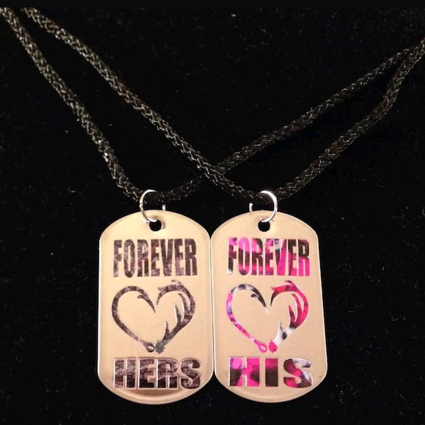 Forever Hers, Forever His Hook Antler Buck Doe 2 Piece Custom Dogtag Necklace Set!  Gift Deer Couples, Silver Toned, Country Girl Wedding!