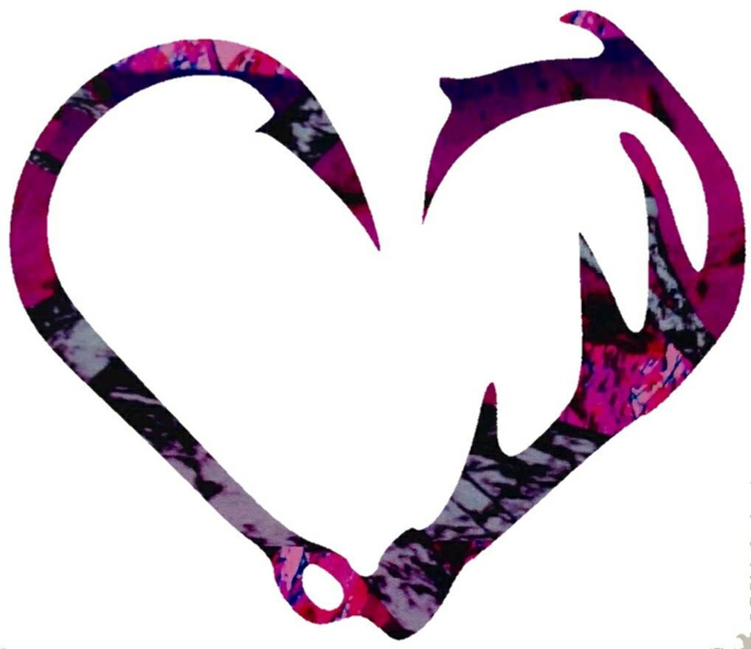 Camo Antler Hook Heart Vinyl Decal 5 Tall YOU Choose CAMO Color Hunter