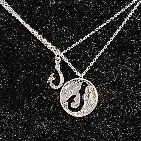 His Her Couples Fish Hook 2 Piece Interlocking Necklace Set! Gift *Silver Toned* Lovers Country Wedding Anniversary Fly Fishing Outdoor