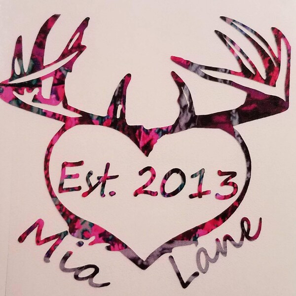 Personalized Names His Doe Her Buck Antler Heart Camo Vinyl Decal! YOU CHOOSE Names, CAMO Color, & Est. Year, Lovers Wedding Gift, Country
