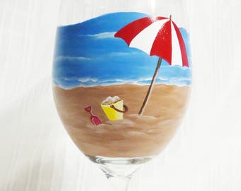 Custom painted glasses, Beach, Hand painted glasses, Beach umbrella, Painted wine glasses,Cute painted glasses,Unique glasses,Summer glasses