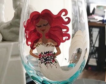 Hand painted wine glass,Mermaid Bride,Wedding gift,Wine glass,Mermaid,Bride,Bridal shower,Wedding wine glasses,Custom painted glass