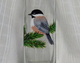 Glass bottle,Dispenser,Chickadee,Kitchen bottle,Oil & Vinegar bottle,Hand painted,Dispenser bottle,Soap dispenser,Painted bottles,Birds